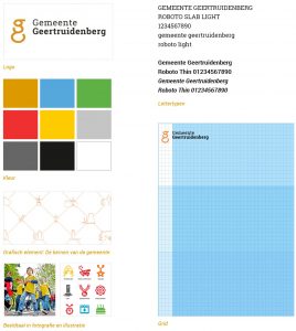 Bouwstenen van de huisstijl van Gemeente Geertruidenberg. Hij toont het logo, de kleuren, het grafisch element (pictogrammen van herkenbare plaatsen in de gemeente), beeldtaal, typografie en stramien voor opmaak.