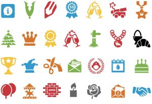Overzicht van 28 pictogrammen in huisstijlkleuren van gemeente Geertruidenberg.