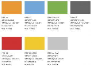Afbeelding met de 7 huisstijlkleuren van de gemeente. Elk beschreven qua opbouw per kleurbibliotheek. Denk aan PMS, CMYK, RGB en WEB-kleuren.