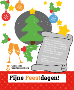 Geïllustreerde digitale kerstkaart met daarop een perkamentrol met een gedicht van een 11 jarige inwoner.