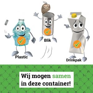 Afbeelding van een sticker met daarop drie illustraties van een plastic flesje, een conservenblik en een melkpak. Alledrie voorzien van een geillustreerd gezichtje.